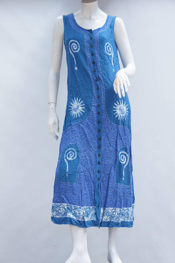 Vintage 90s Embroidered Batik Print Maxi Dress Bo… - image 8