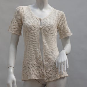 Vintage 90s Crocheted White Lace Sweater Cardigan Size Small Cottagecore Boho Retro