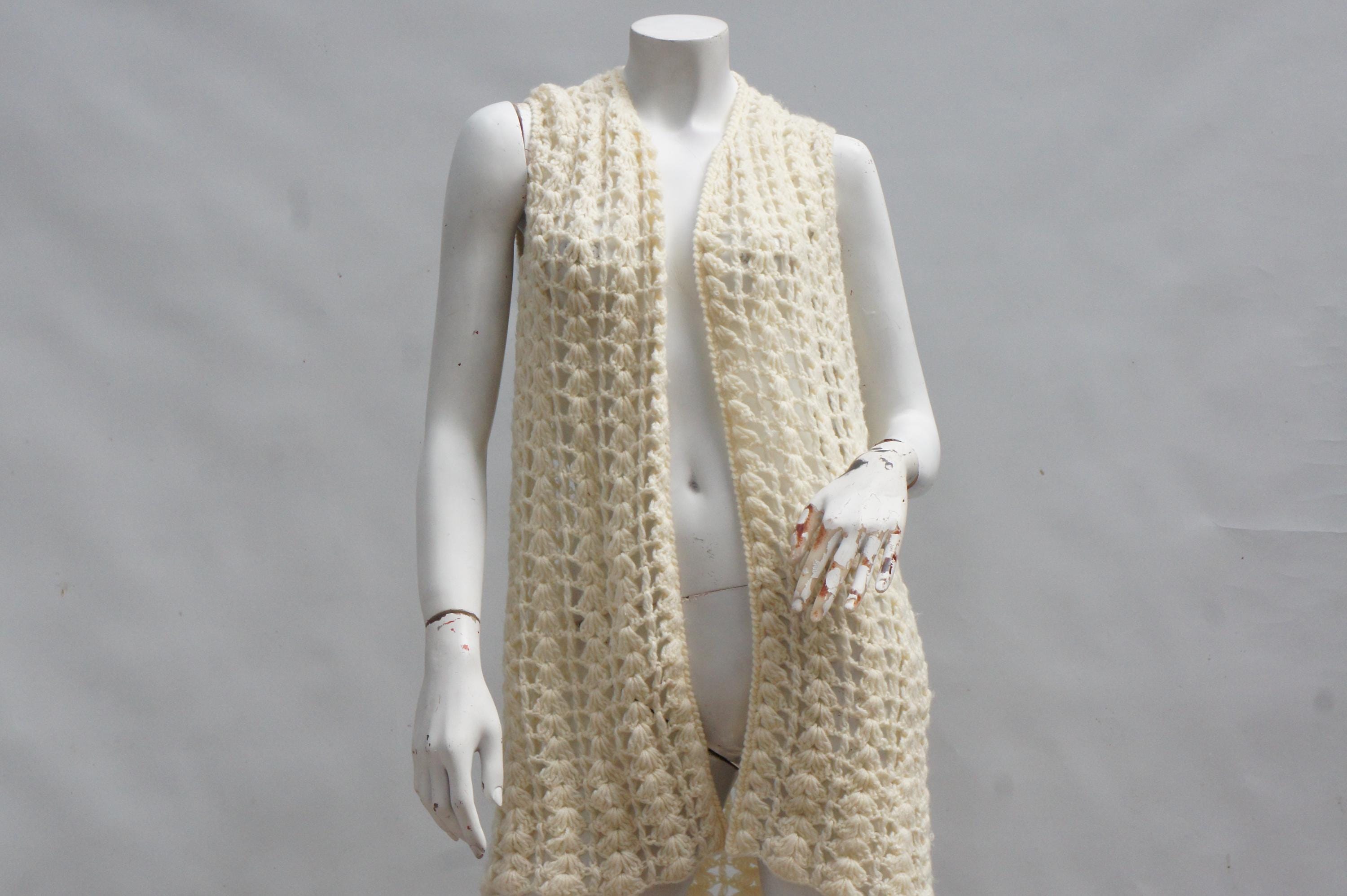 Vintage 70s Creme White Hand Crocheted Open Lace Vest Duster Sweater Cardigan Grannycore Cottagecore Boho Hippie