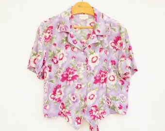 Vintage 90s Cropped Tie Waist Water Color Floral Print Blouse Shirt By Jaclyn Smith