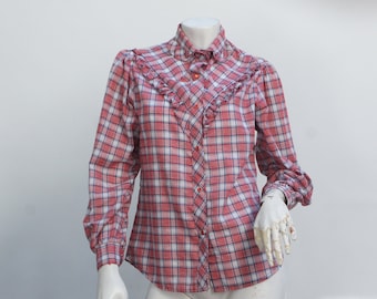 Vintage 70s Plaid Western Prairie Blouse Shirt Cowgirl Victorian Cottagecore Retro Ruffle Top