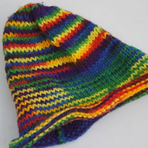 Handknit Rainbow Colors Striped Beanie Hat Hippie Boho