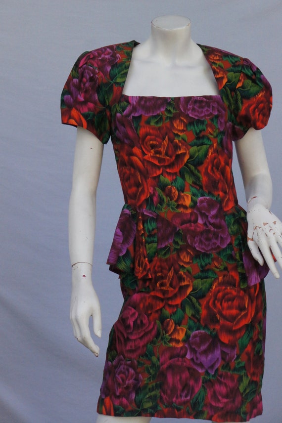 Vintage 80s 40s Style Floral Print Peplum Dress O… - image 9