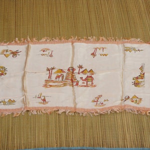 Vintage 40s-50s Handpainted Egyptian Pyramids Souvenir Table Runner Retro Mid Century Modern Boho Cottagecore