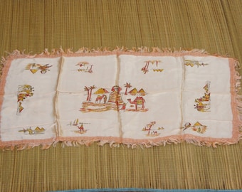 Vintage 40s-50s Handpainted Egyptian Pyramids Souvenir Table Runner Retro Mid Century Modern