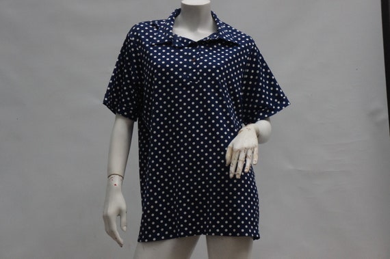 Vintage 70s Navy Blue Polka Dot Knit Blouse Top S… - image 7