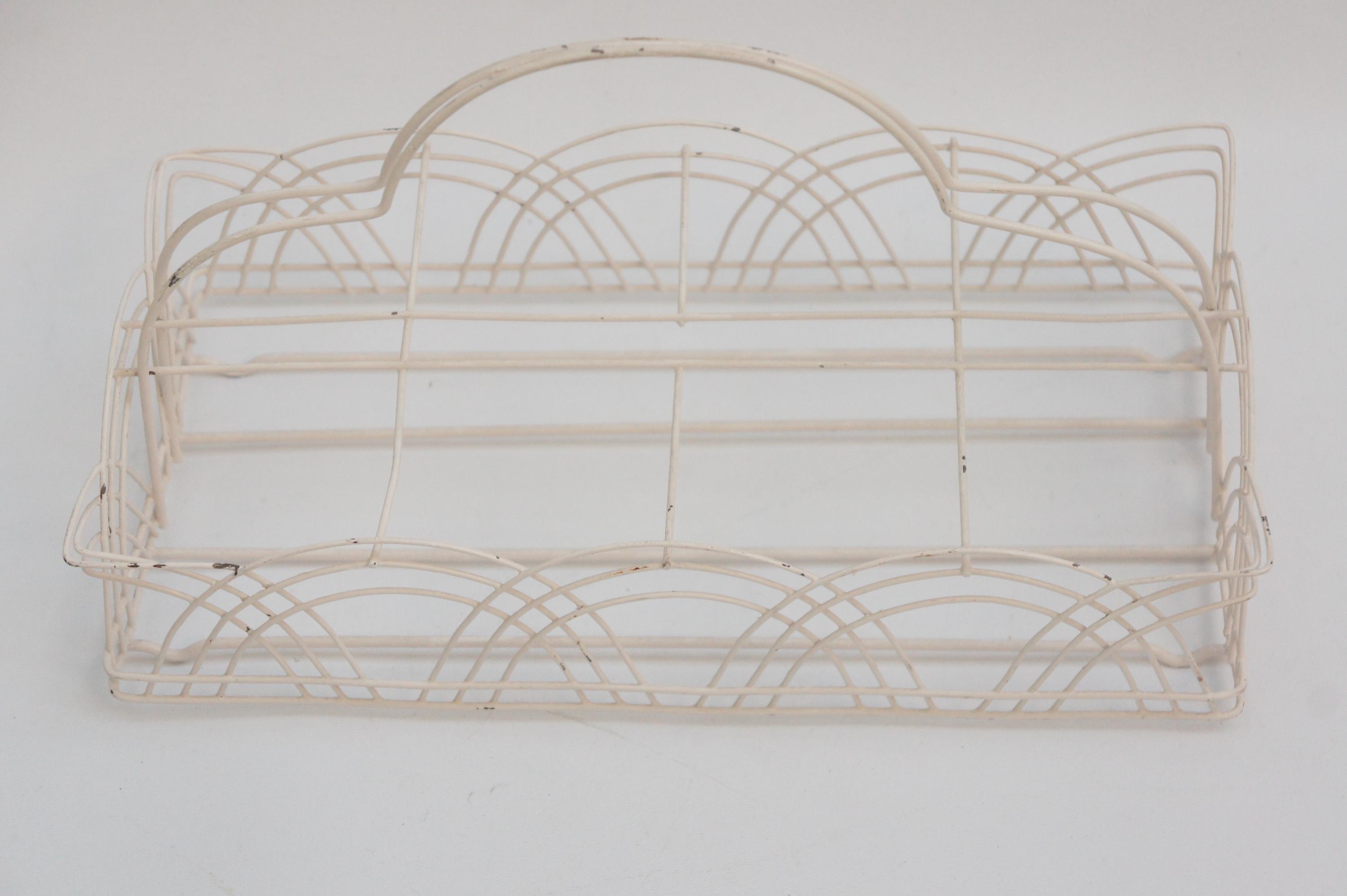 Vintage White Metal Wire Basket Glass Caddy Cup Holder Carrier