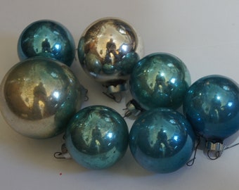 Vintage 50s-60s Teal and Silver Mercury Glass Christmas Ornaments Lot Mid Century Shabby Chic Cottagecore Home Decor