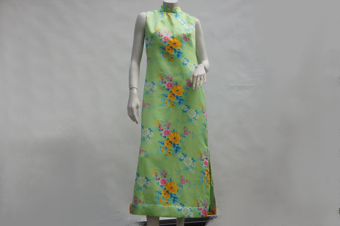 VTG 60s 70s BLACK GREEN YELLOW FLORAL MANDARIN COLLAR SLEEVELESS MAXI DRESS 16