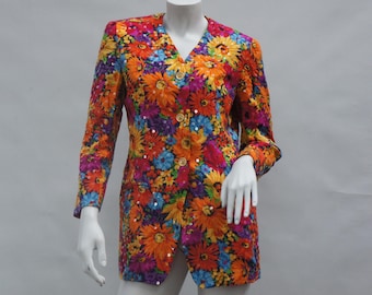 ヴィンテージ 80年代～90年代 花柄プリント スパンコール シルクブレザー by Anne Klein II サイズS ボヘミアン ヒッピー
