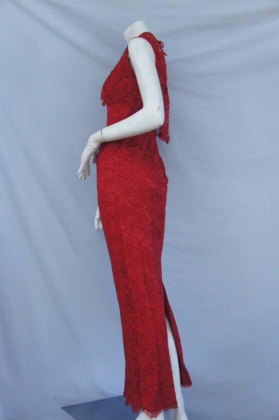 Vintage 50s Red Lace Maxi Dress Gown Retro Mid Ce… - image 8