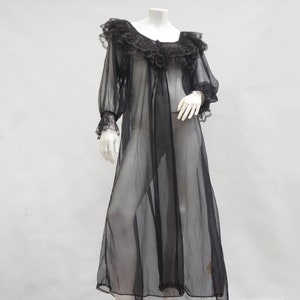 Vintage 70s Lise Stevens Sheer Black Lace Trim Nylon Robe Peignoir ...
