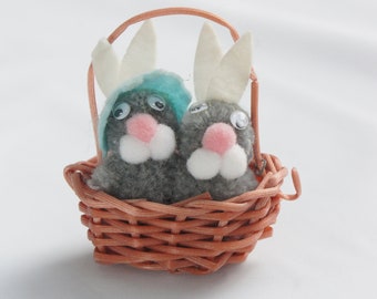 Vintage Cute Bunnies In Tiny Basket Ornament Trinket Home Decor Easter