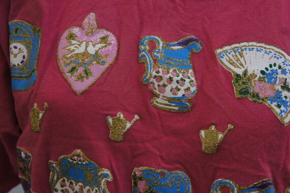 Vintage 90s Cropped Pink Teapot Print T-shirt Gra… - image 5