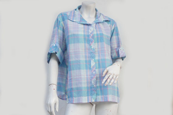 Vintage 80s-90s Women's Plaid Short Sleeve Blouse… - image 1