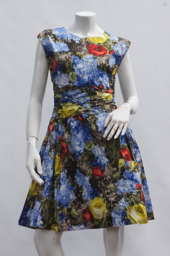 Vintage 50s-60s Bright Floral Print Midi Dress Mi… - image 2