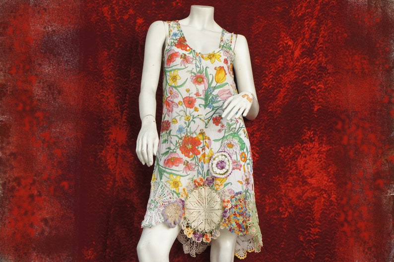 Handmade OOAK Up Cycled Lace Doily Trim Floral Slip Dress Bohemian Cottagecore Chic/Hippie/Cottagecore image 1
