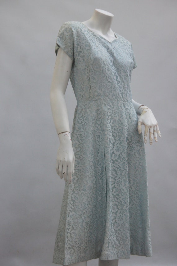 Vintage 50s Pale Blue Lace Midi Dress Mid Century… - image 6