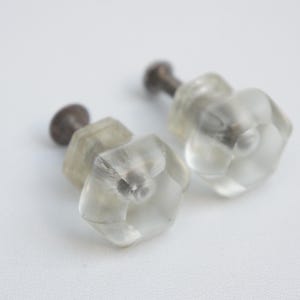 May include: Two clear, faceted glass cabinet knobs with a flower-like design. Each knob has a dark metal stem. The knobs are set against a white background, creating a clean and elegant aesthetic.