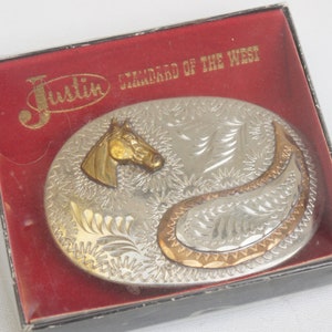 Vintage Horse Western Belt Buckle By Justin Standard Of The West In Original Box Cowboy Cowgirl Rancher Gift