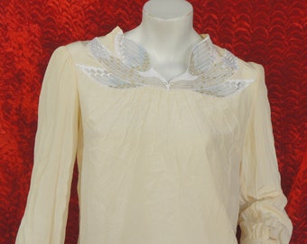 Vintage 70s Creme Silk Blouse With Lace Bird Collar By Sidonie S France/Bohemian/High Fashion