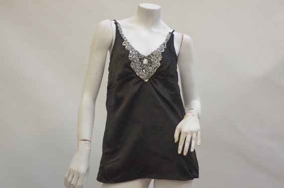 Vintage Dead Stock Beaded Black Satin Spaghetti S… - image 1