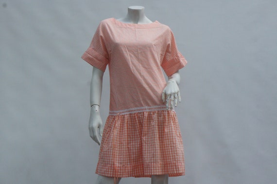 Vintage 80s Does 20s Gingham Dress  Drop Waist Dr… - image 1