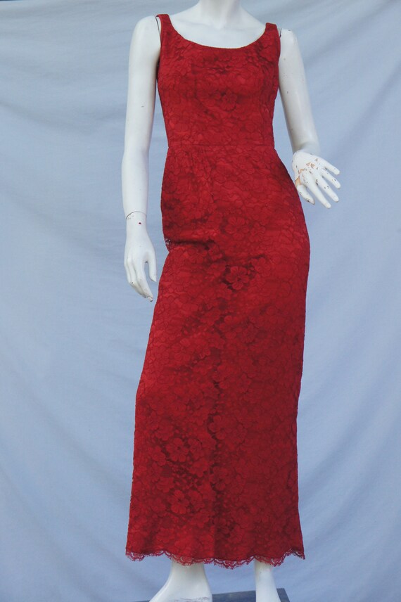 Vintage 50s Red Lace Maxi Dress Gown Retro Mid Ce… - image 9