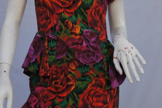 Vintage 80s 40s Style Floral Print Peplum Dress O… - image 3