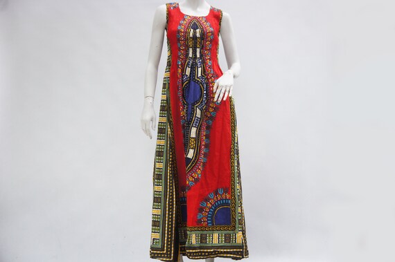 Vintage Daishiki Print Maxi Dress/Boho/Hippie