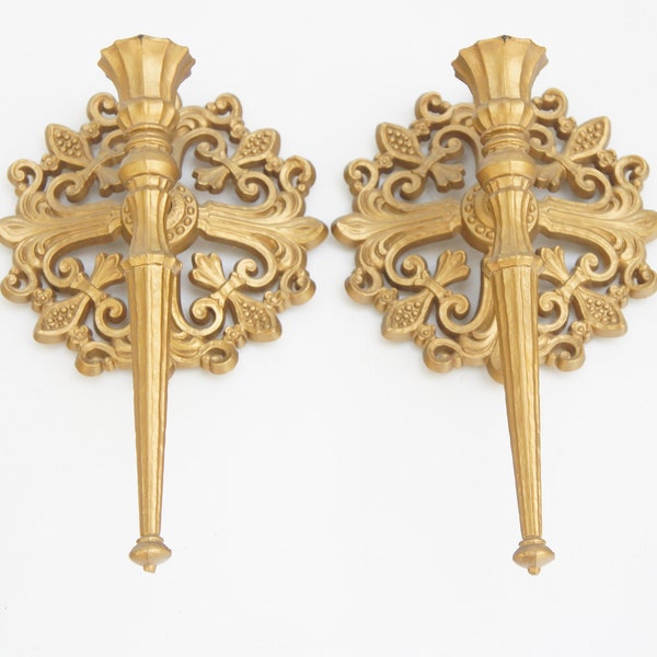 Vintage Pair of Gold Gothic Style Candlestick Wall Sconces Hollywood Regency Mid Century Wall Decor Home Decor Cottagecore Shabby Chic