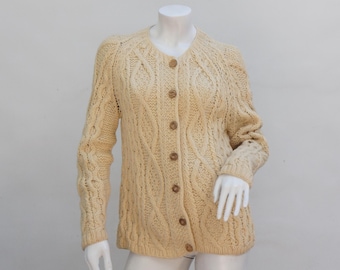 Vintage 70s Handmade Hand Knit Cable Knit Wool Sweater Cardigan Cottagecore Boho Retro