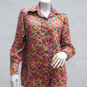 Vintage 60s Bright Floral Print Barkcloth Blouse Button Down Shirt Hippie Retro Mid Century