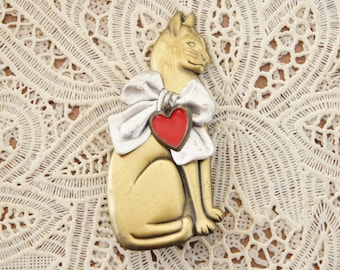 Vintage 80s-90s Cat With Heart Brooch Kitty Pin Costume Jewelry Gift