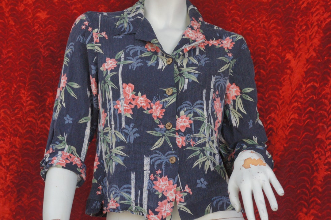 Vintage 90s Caribbean Joe Floral and Bamboo Print Cropped Rayon Blouse ...