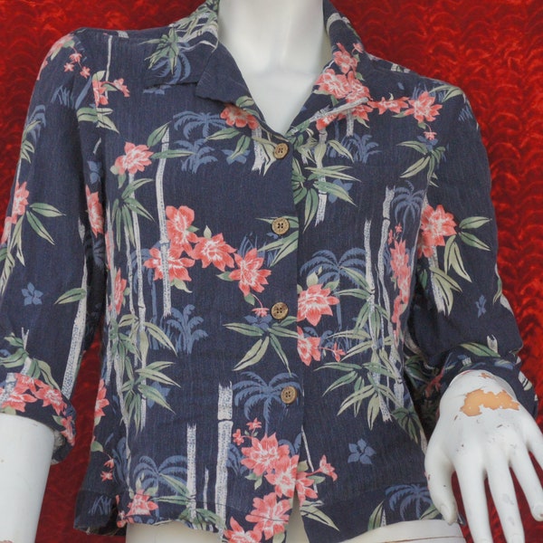 Vintage 90er Jahre Karibik Joe Blumen und Bambus Print abgeschnitten Viskose Bluse Shirt Top