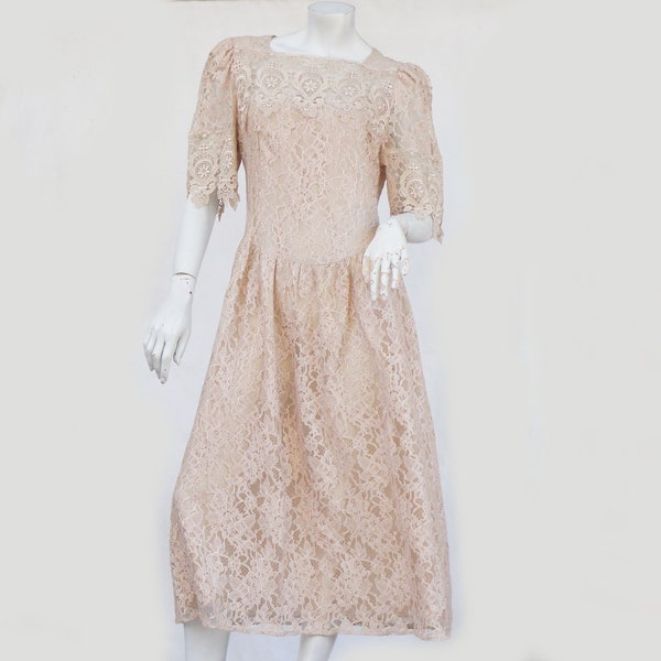 Vintage 80s 50s Style Pink Beige Lace Overlay Dress by Cachet Romantic Cottagecore Shabby Chic