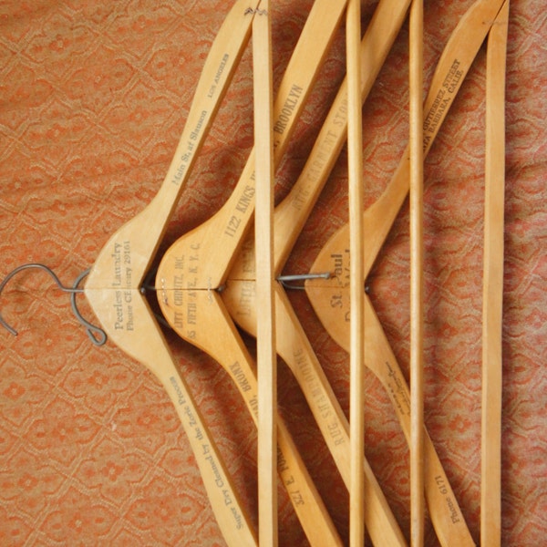 Vintage 40s 50s Wooden Dry Cleaners Clothes Hangers With Shop Names Retro Mid Century