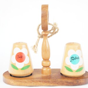 Vintage 60s-70s Handpainted Wooden Salt & Pepper Shakers With Stand Boho Cottagecore Grannycore Mid Century