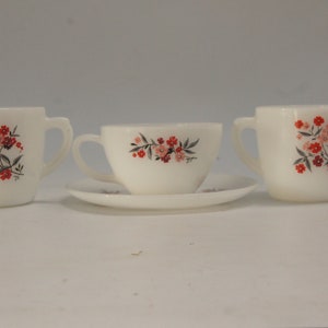 Vintage 60s Floral Print Milk Glass Teacup Creamer Sugar Bowl Set By Fire-King Retro Mid Century Cottagecore GrannycoreCollectible