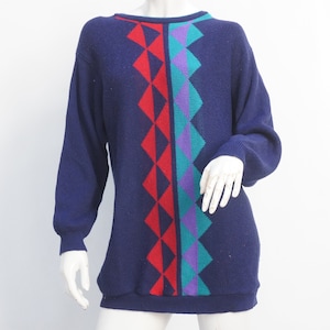 Vintage 80s Women&#39;s Geometric Print Sweater Long Sweater Triangles Print Retro