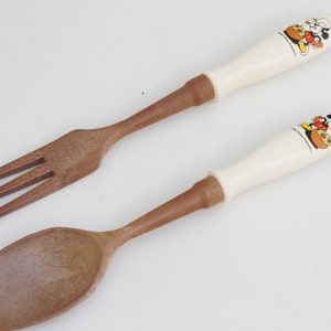 Vintage 70s Mickey Mouse Print Porcelain Handle Faux Wood Serving Fork and Spoon Salad Utensils Set Gift
