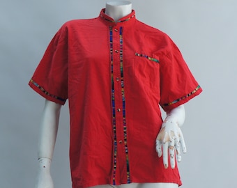 Vintage Guatemalan Serape Trim Shirt Hippie Ethnic Boho Hippie Southwestern Tribal Gift