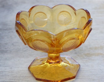 Vintage Amber Glass Inaglio Depression Glass Compote Pedestal Bowl Dish Victorian Reproduction Bohemian Chic Gift