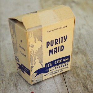 Caixa de papelão para sorvete Purity Maid Vintage dos anos 30, embalagem, adereço colecionável, propaganda de fazenda