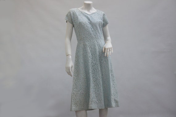 Vintage 50s Pale Blue Lace Midi Dress Mid Century… - image 1