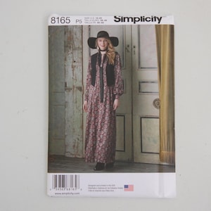 May include: Simplicity sewing pattern 8165 featuring a woman in a floral print dress, black vest, and hat. The pattern includes sizes P5, with measurements 30-46 inches. The image has a rustic, vintage aesthetic.