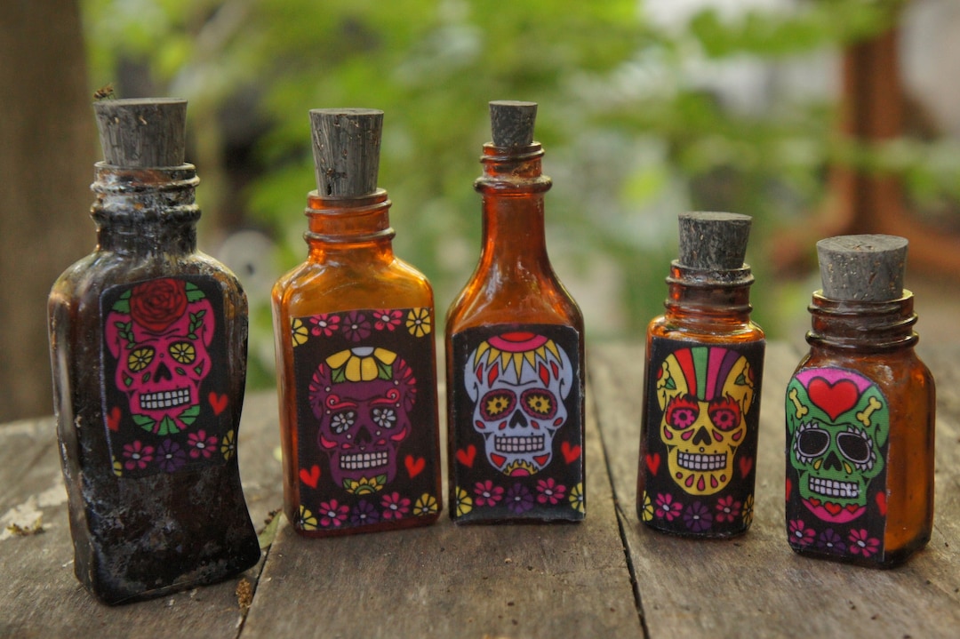 Vintage Antique Upcycled Bottles With Day of the Dead Sugar Skull Decor