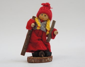 Vintage Swedish Handmade Girl Gnome Tomte Wooden Peg Doll Figurine Scandinavian Folk Art Christmas Decor Collectible Farmhouse Gift