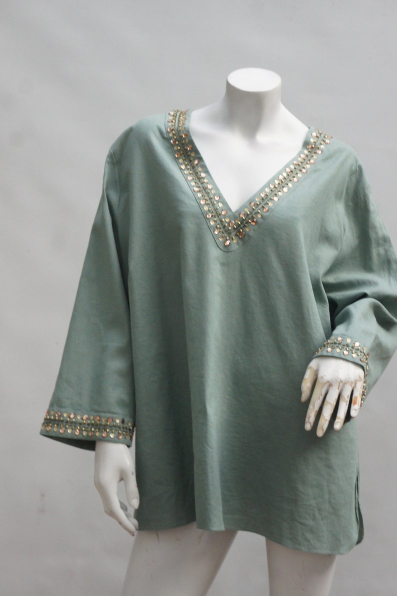 Carole Little Sage Green Linen Cotton Blend Tunic Top Blouse Plus Size 3X Boho Lagenlook image 8